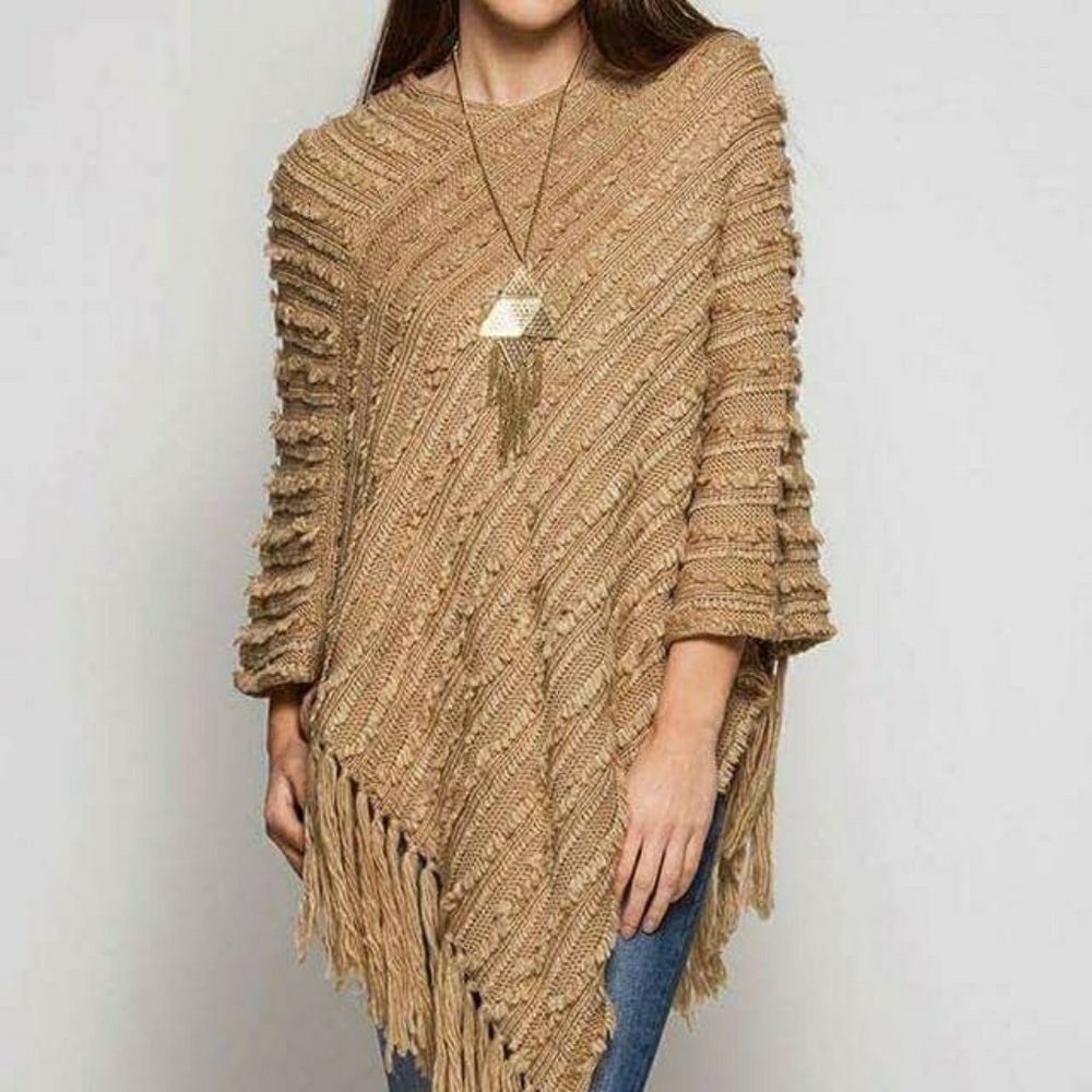 Boho V Neck  Fringed Knit Poncho Cover